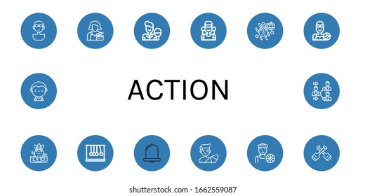 action icon set. Collection of Swimmer, Actress, Table tennis, Climber, Dancing, Water polo, Surfing, Newtons cradle, Bell, Surfer, Basketball player, Paddles, Soccer player icons