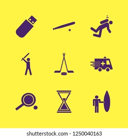 action icon. action vector icons set diver, baseball, surfer with board and hourglass