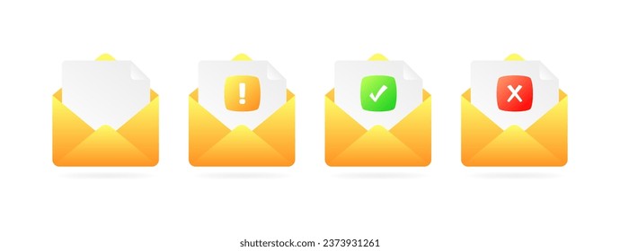 Action icons with message. Flat, yellow, document in an envelope, exclamation mark, tick, cross on the envelope. Vector icons