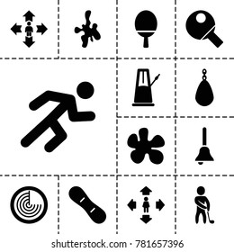 Action icons. set of 13 editable filled action icons such as radar, man move, paintball, boxing bag, running, bell, golf player, snow board, table tennis, pendulum svg
