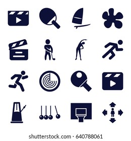 Action icons set. set of 16 action filled icons such as radar, exercising, man move, movie clapper, running, golf player, basketball basket, windsurfing, table tennis