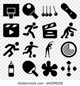 Action icons set. set of 16 action filled icons such as radar, exercising, man move, movie clapper, running, basketball basket, snow board, football player, basketball player