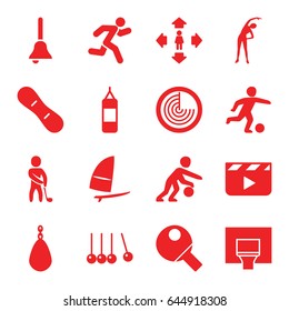 Action icons set. set of 16 action filled icons such as radar, exercising, man move, running, bell, golf player, basketball basket, snow board, windsurfing, football player