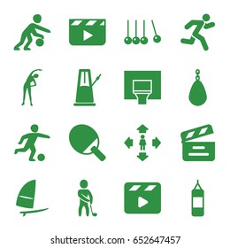 Action icons set. set of 16 action filled icons such as exercising, man move, movie clapper, running, golf player, basketball basket, windsurfing, football player