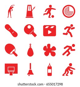 Action icons set. set of 16 action filled icons such as radar, exercising, movie clapper, running, bell, basketball basket, snow board, football player, basketball player