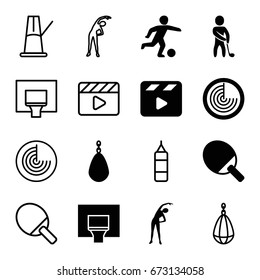 Action icons set. set of 16 action filled and outline icons such as radar, exercising, movie clapper, golf player, basketball basket, football player, pendulum