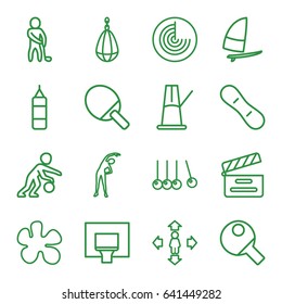 Action icons set. set of 16 action outline icons such as radar, exercising, man move, movie clapper, pendulum, golf player, basketball basket, snow board, windsurfing