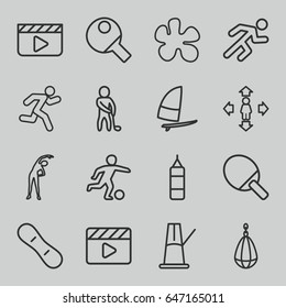 Action icons set. set of 16 action outline icons such as exercising, man move, movie clapper, running, pendulum, golf player, snow board, windsurfing, football player