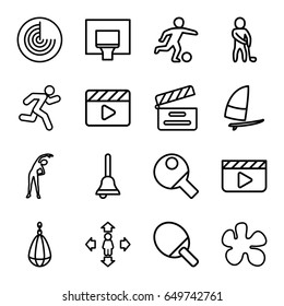 Action icons set. set of 16 action outline icons such as radar, exercising, man move, movie clapper, running, bell, golf player, basketball basket, windsurfing