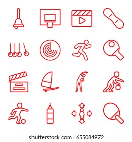 Action icons set. set of 16 action outline icons such as radar, exercising, man move, movie clapper, running, bell, basketball basket, snow board, windsurfing, football player