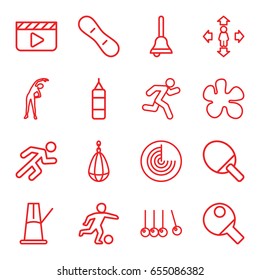 Action icons set. set of 16 action outline icons such as radar, exercising, man move, running, bell, pendulum, snow board, football player, table tennis, cradle, boxing bag