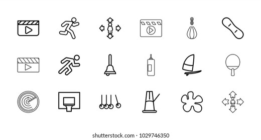 Action icons. set of 18 editable outline action icons: man move, cradle, clapper board, paintball, running, bell, basketball basket, snow board, windsurfing, pendulum, radar