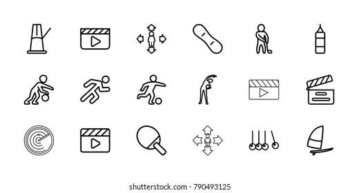 Action icons. set of 18 editable outline action icons: exercising, man move, cradle, clapper board, boxing bag, ping pong racket, movie clapper, running, golf player