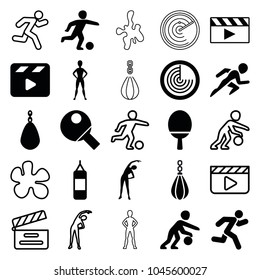 Action icons. set of 25 editable filled and outline action icons such as radar, exercising, boxing bag, movie clapper, running, football player, basketball player