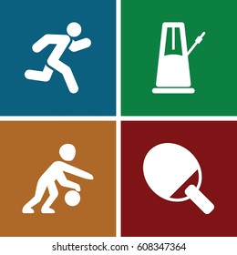 Action icons set. set of 4 action filled icons such as running, basketball player, pendulum