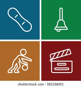 action icons set. Set of 4 action outline icons such as movie clapper, bell, snow board