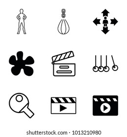 Action icons. set of 9 editable filled and outline action icons such as paintball, cradle, movie clapper, table tennis, man move, clapper board, exercising