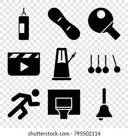 Action icons. set of 9 editable filled action icons such as clapper board, running, bell, basketball basket, snow board, table tennis, pendulum, cradle