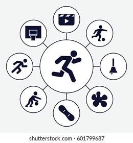 action icons set. Set of 9 action filled icons such as running, bell, basketball basket, snow board, football player, basketball player, clapper board