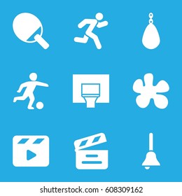 Action icons set. set of 9 action filled icons such as movie clapper, running, bell, basketball basket, football player, paintball, ping pong racket