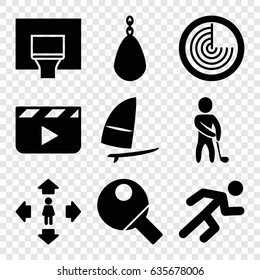 Action icons set. set of 9 action filled icons such as radar, man move, running, golf player, basketball basket, windsurfing, table tennis, clapper board