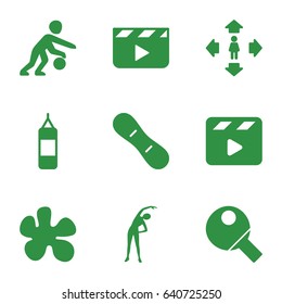 Action icons set. set of 9 action filled icons such as exercising, man move, movie clapper, snow board, basketball player, table tennis, clapper board, paintball