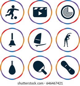 Action icons set. set of 9 action filled icons such as radar, exercising, bell, snow board, windsurfing, football player, clapper board, ping pong racket