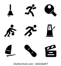 Action icons set. set of 9 action filled icons such as movie clapper, running, bell, snow board, windsurfing, basketball player, table tennis