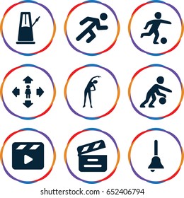 Action icons set. set of 9 action filled icons such as exercising, man move, movie clapper, running, bell, football player, basketball player