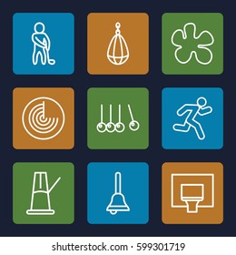 action icons set. Set of 9 action outline icons such as radar, running, bell, pendulum, golf player, basketball basket, cradle, boxing bag