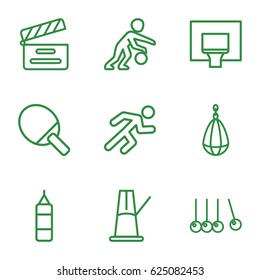 Action icons set. set of 9 action outline icons such as movie clapper, running, pendulum, basketball basket, basketball player, cradle, boxing bag