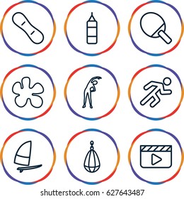 Action icons set. set of 9 action outline icons such as exercising, running, snow board, windsurfing, boxing bag, ping pong racket, clapper board
