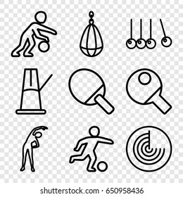 Action icons set. set of 9 action outline icons such as radar, exercising, pendulum, football player, basketball player, table tennis, cradle, ping pong racket