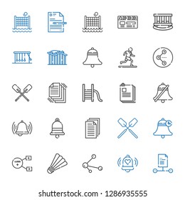 action icons set. Collection of action with file, bell, share, badminton, sharing, oar, files, slide, paddles, running, roller coaster, newtons cradle. Editable and scalable action icons.