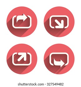 Action icons. Share symbols. Send forward arrow signs. Pink circles flat buttons with shadow. Vector