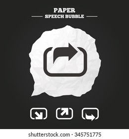 Action icons. Share symbols. Send forward arrow signs. Paper speech bubble with icon.
