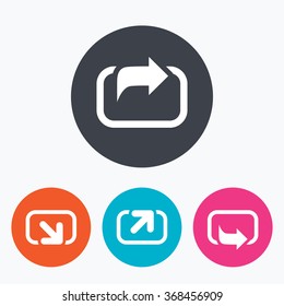 Action icons. Share symbols. Send forward arrow signs. Circle flat buttons with icon.