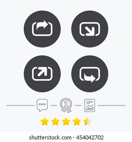 Action icons. Share symbols. Send forward arrow signs. Chat, award medal and report linear icons. Star vote ranking. Vector