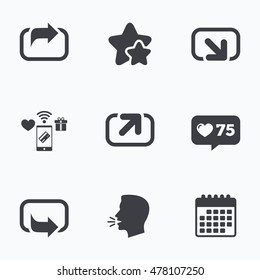 Action icons. Share symbols. Send forward arrow signs. Flat talking head, calendar icons. Stars, like counter icons. Vector