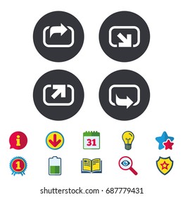 Action icons. Share symbols. Send forward arrow signs. Calendar, Information and Download signs. Stars, Award and Book icons. Light bulb, Shield and Search. Vector