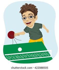 action illustration of nerd boy playing table tennis