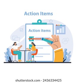 Action items concept. Prioritization and assignment of tasks in a team meeting. Clear objectives and follow-through strategy. Flat vector illustration.