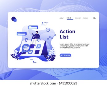 Action List Flat Illustration, the concept of men making schedules on laptops, can be used for landing pages, web, ui, banners, templates, backgrounds, flyers, posters - Vector