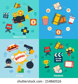 Action Movie Cinema Production Premiere Flat Compositions Isolated Vector Illustration