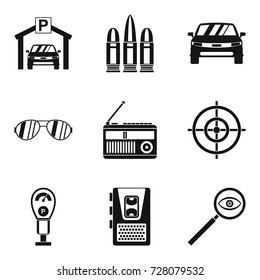 Action movie icons set. Simple set of 9 action movie vector icons for web isolated on white background