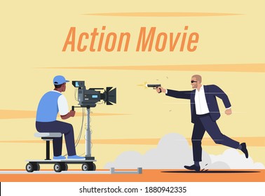 Action movie poster template. Amazing special effects. Commercial flyer design with semi flat illustration. Vector cartoon promo card. Professional acting skills advertising invitation