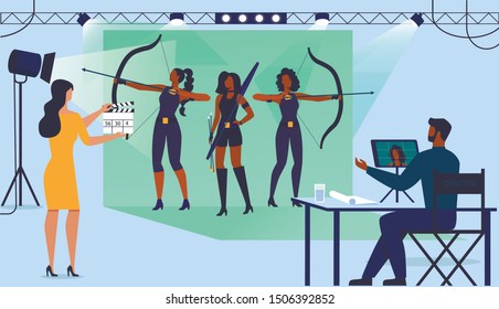 Action Movie Production Flat Vector Illustration. Actresses, Director Assistant and Producer Cartoon Characters. Young Women in Archer Outfits Standing on Green Screen Background. Film Industry