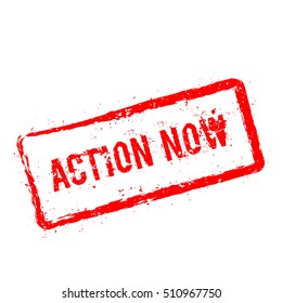 Action now red rubber stamp isolated on white background. Grunge rectangular seal with text, ink texture and splatter and blots, vector illustration.
