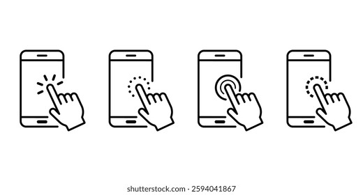 Action on mobile phone display outline icon set. Hand swipe on smartphone linear pictogram. Finger move gesture line on cell phone touch screen icon.