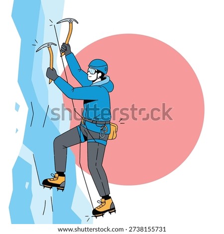 An action packed illustration of a climber in winter gear using ice axes and crampons to scale a frozen glacier wall. Represents persistence and extreme winter adventure.